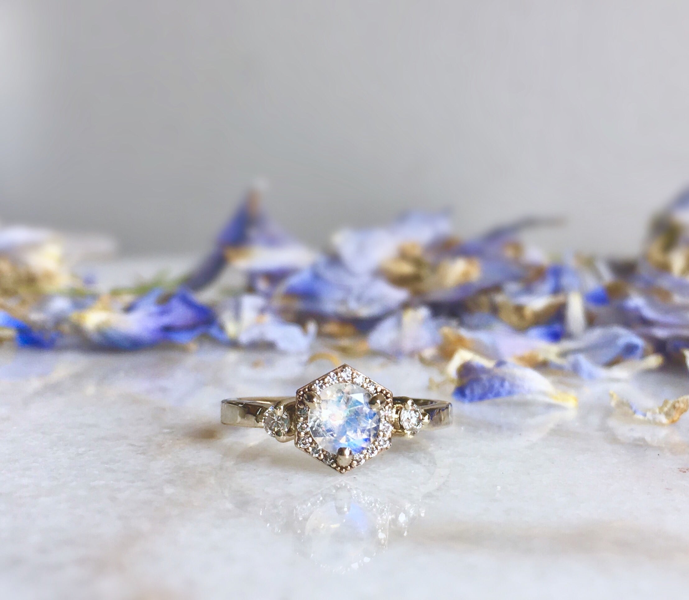 RAINBOW MOONSTONE + DIAMOND HALO ENGAGEMENT RING – Facets Of Earth