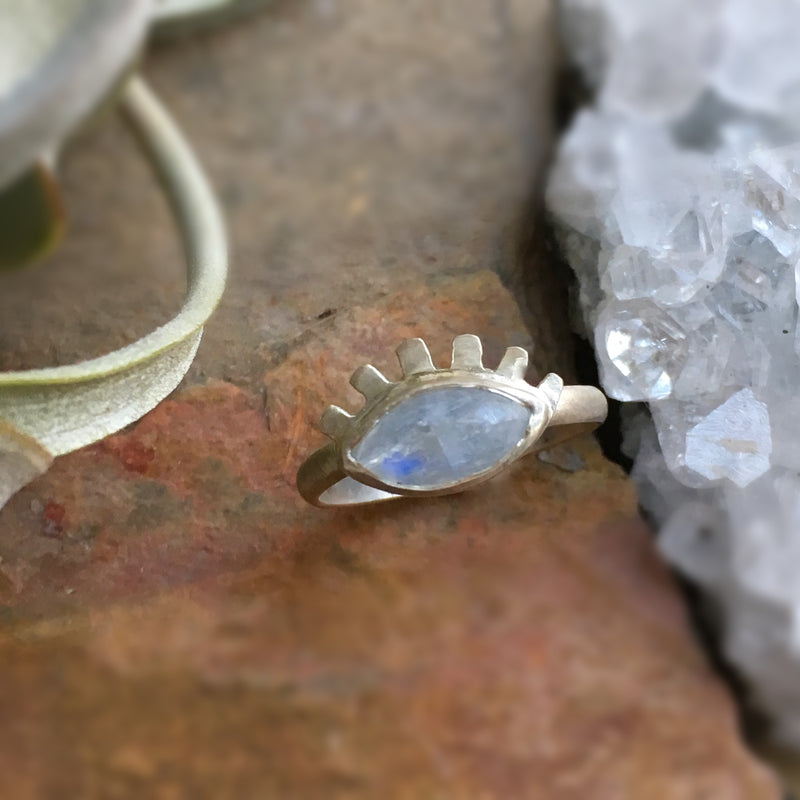 RAINBOW MOONSTONE + EVIL EYE RING